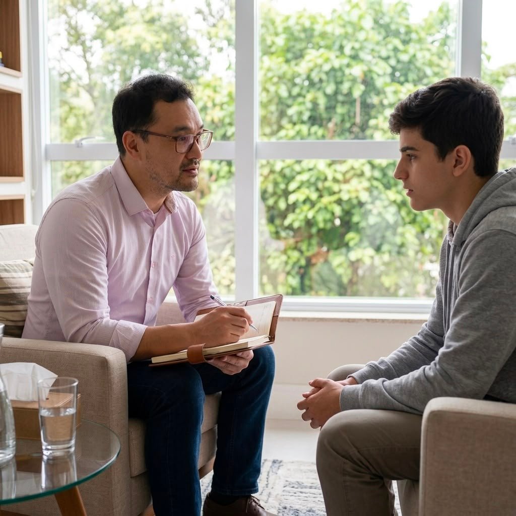 Renato Mitio conduzindo uma sessão de hipnoterapia com um paciente jovem